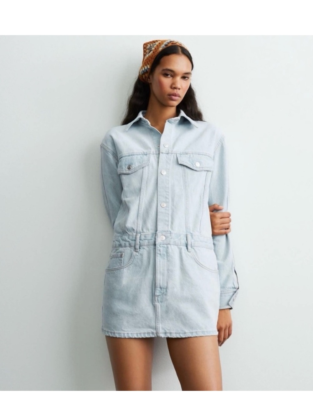 Zara XS Denim long sleeve Mini Dress 100% cotton